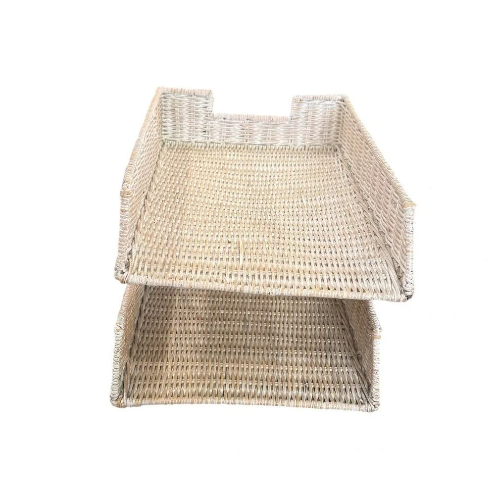 Wicker 2 Tier Letter Tray Desk Paper Organizer Whitewash Coastal Cottage Decor